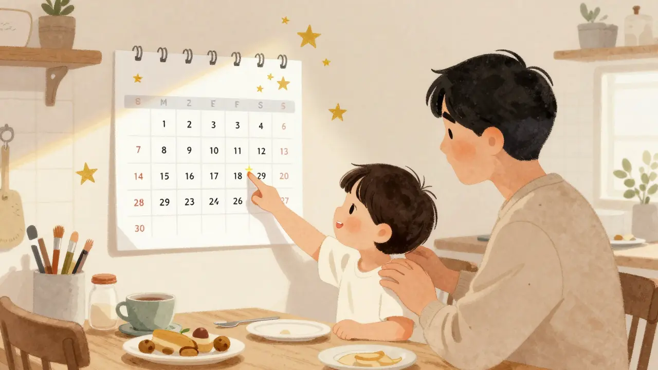 Rodina slaví suché noci na kuchyňském stole s kalendářem hvězdiček.