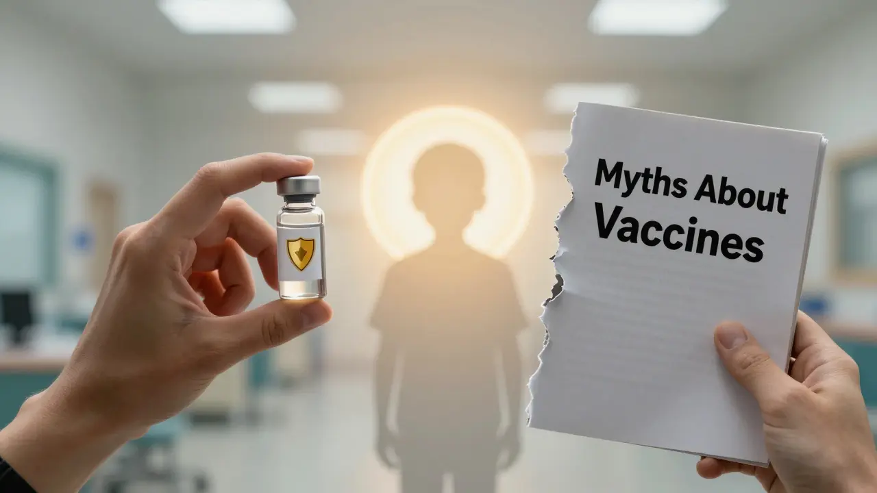 Ruka podává vakcínu, druhá drží stránku s mýty, dítě v záři ochrany.