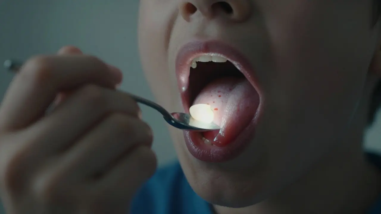 Ruku dítěte držící lžíci, která stiskne jazyk, aby ukázala zánětlivé mandle v krku