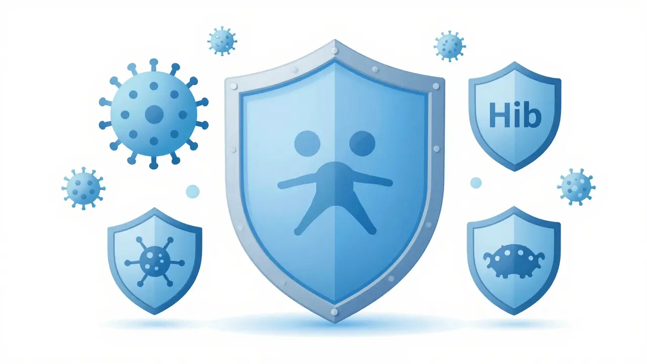 Shield protecting child from six dangerous diseases with symbolic icons