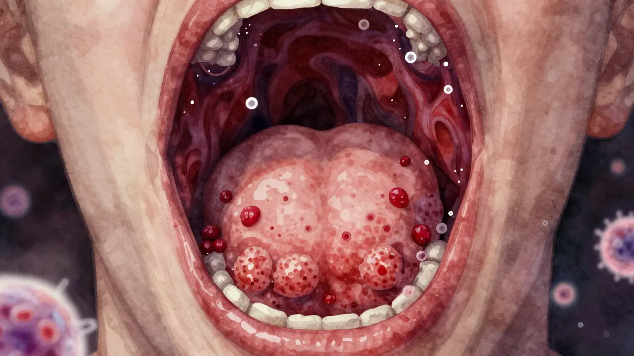 Umělecké znázornění zánětlivého krku s hnisavými plackami a červenými skvrnami na patře