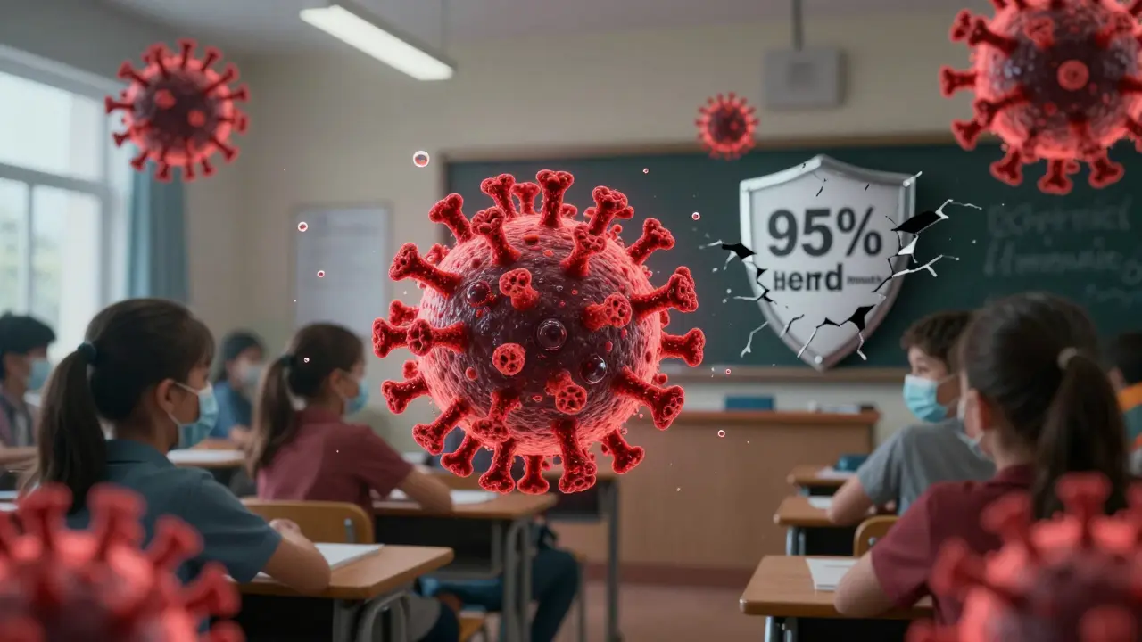 Virus šířící se v třídě skrze kapénky, některé děti nechráněné, štít imunity se rozbíjí.