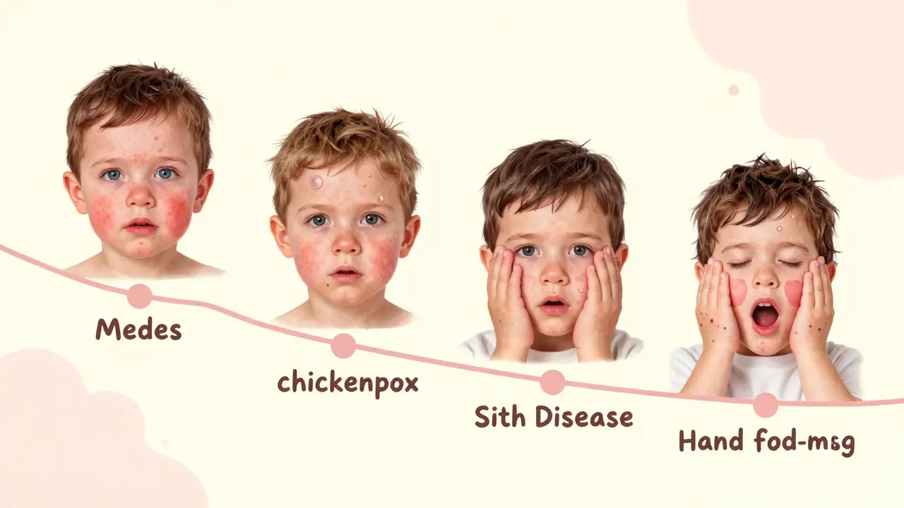Vizualizace čtyř běžných dětských vyrážek v podobě symbolů v kruhovém časovém průběhu.