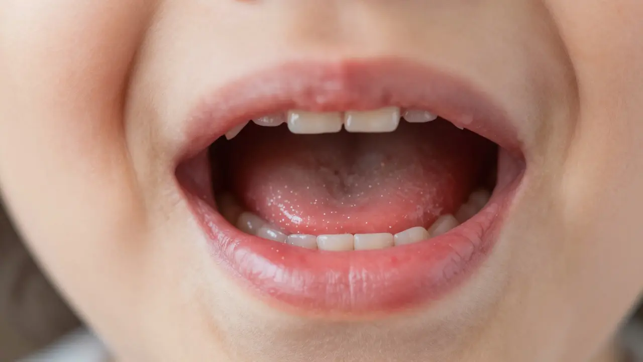 Vnitřní strana dětské tváře s malými bílými skvrnami u zubů – Koplikovy skvrny.