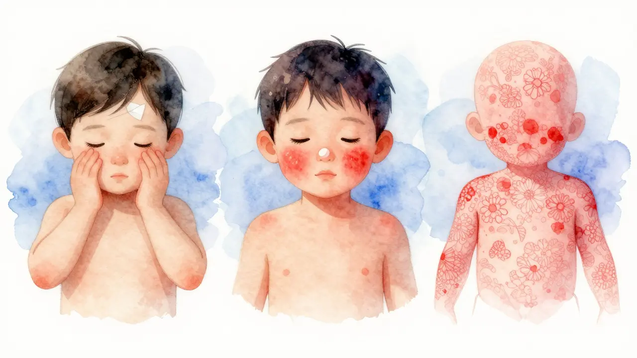 Vodové kresby znázorňující tři fáze šesté nemoci: horečka, červené tváře a síťová vyrážka.