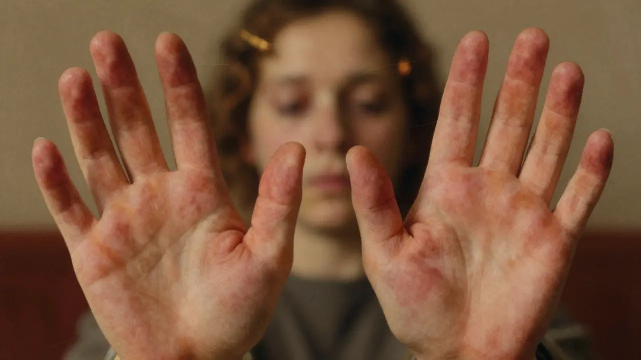 Vyrážka na dlaních a chodidlech spolu s příznaky únavy a ztráty vlasů.