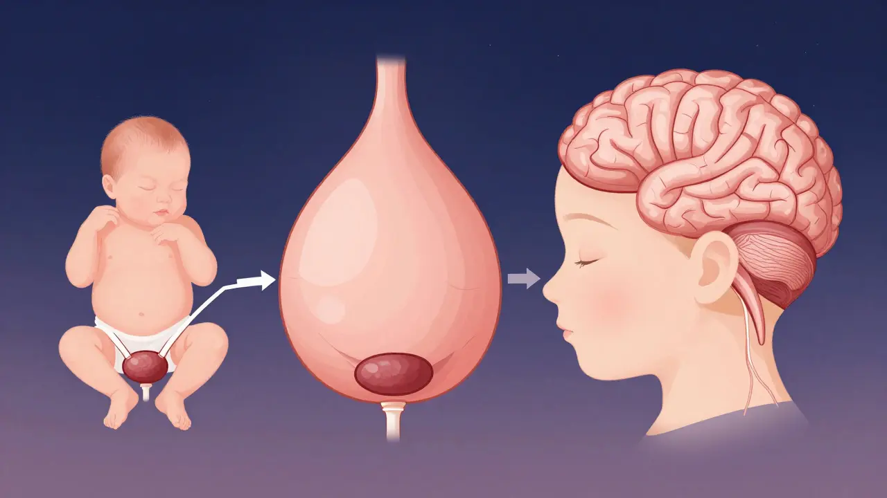 Vývojový náčrt močového měchýře a nervových spojení u dítěte od novorozence do 5 let.