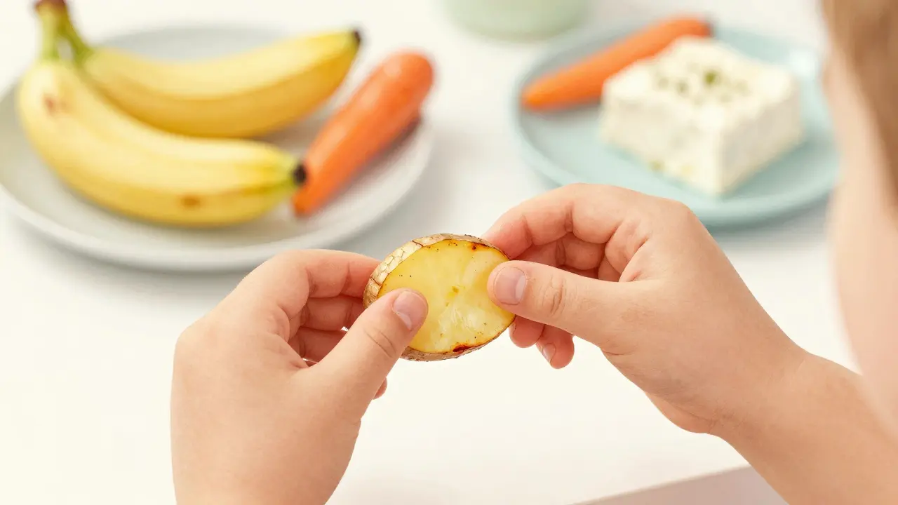 Blízký pohled na dětské ruce, které drží kousek pečené brambory, symbolizující vývoj motoriky.