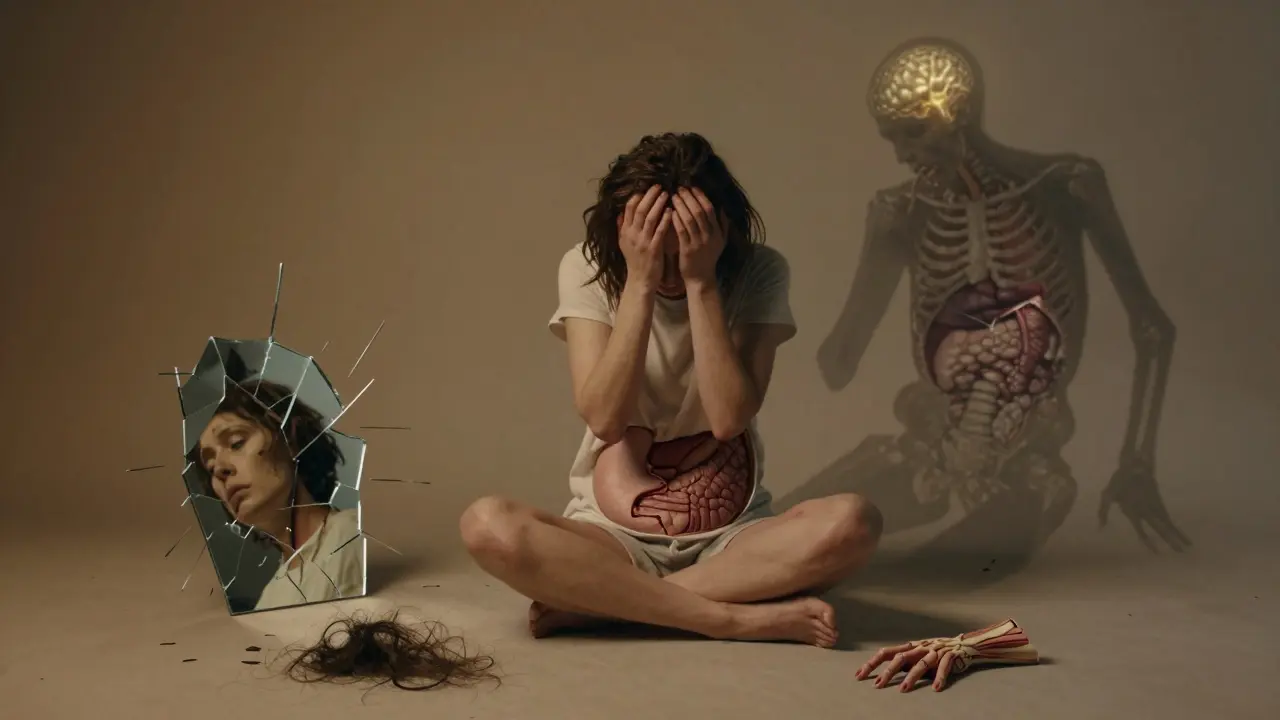 Člověk sedící na zemi, kolem něj symbolické znaky ztráty svalů, vlasů a energie.