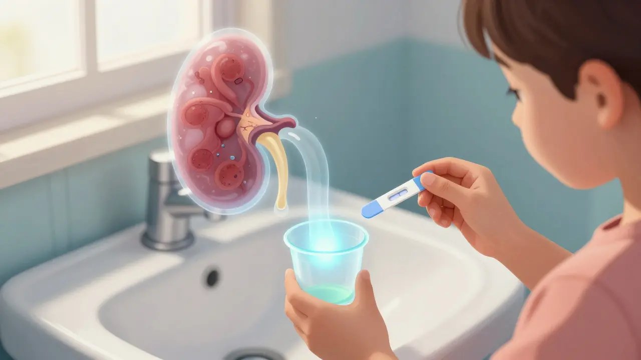 Dítě drží testovací proužek s pozitivním výsledkem bílkoviny v moči, za ním viditelné poškozené ledviny.