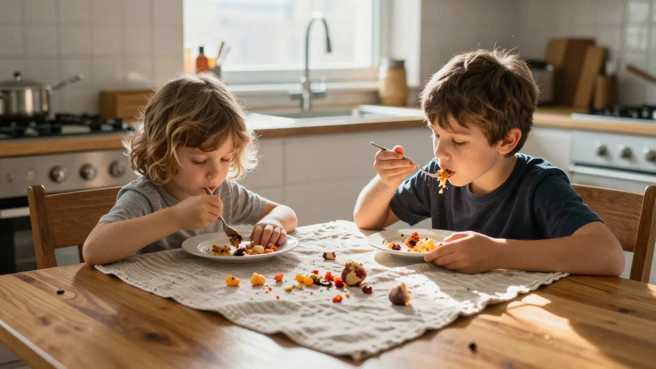 Dítě jí spolu s starším sourozencem za společným stolem, jídlo je rozsypano, ale bez nucení.