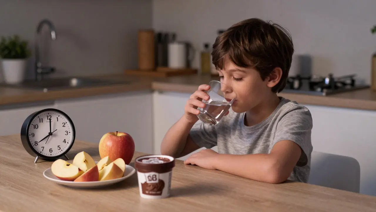 Dítě pije vodu večer v 17:00, zatímco čokoládová zmrzlina leží na stole jako symbol špatné volby.