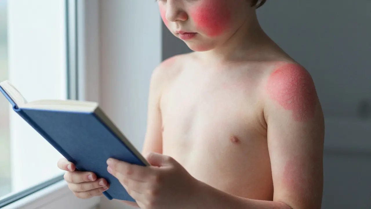 Dítě s červenými líčkami a jemnou vyrážkou na pažích, stojí u okna, příznaky růžovky.