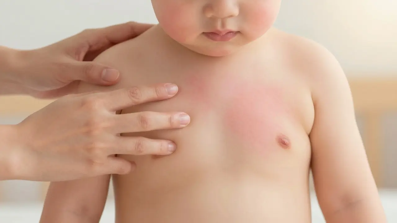 Dítě s jemnou růžovou vyrážkou na hrudi, rodič ho jemně dotýká.