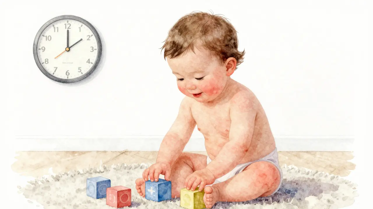 Dítě s jemnou růžovou vyrážkou na trupu, klidně hraje, příznaky třídenní horečky.