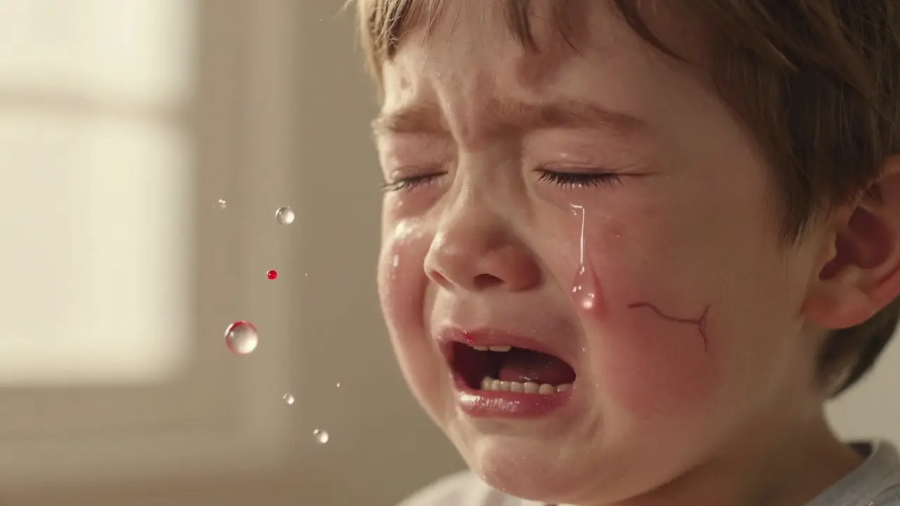 Dítě s jemnými skvrnkami kolem očí, když pláče, s kapkami slz a rozpadajícími se cévami v pozadí.