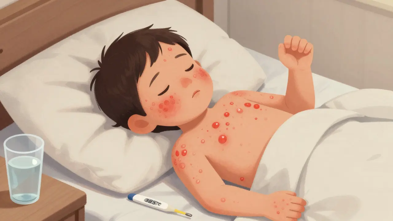 Dítě s větrnými neštovicemi v posteli, s vodnatými pupínky na kůži a mírnou horečkou.