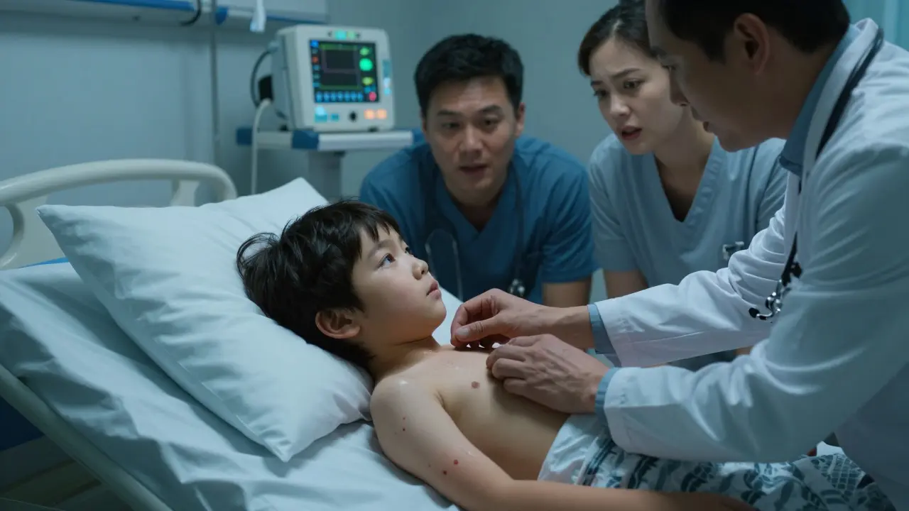 Dítě v nemocniční posteli s jemnými skvrnami na kůži, rodiče a lékař v pozadí, zářící monitorovací zařízení.