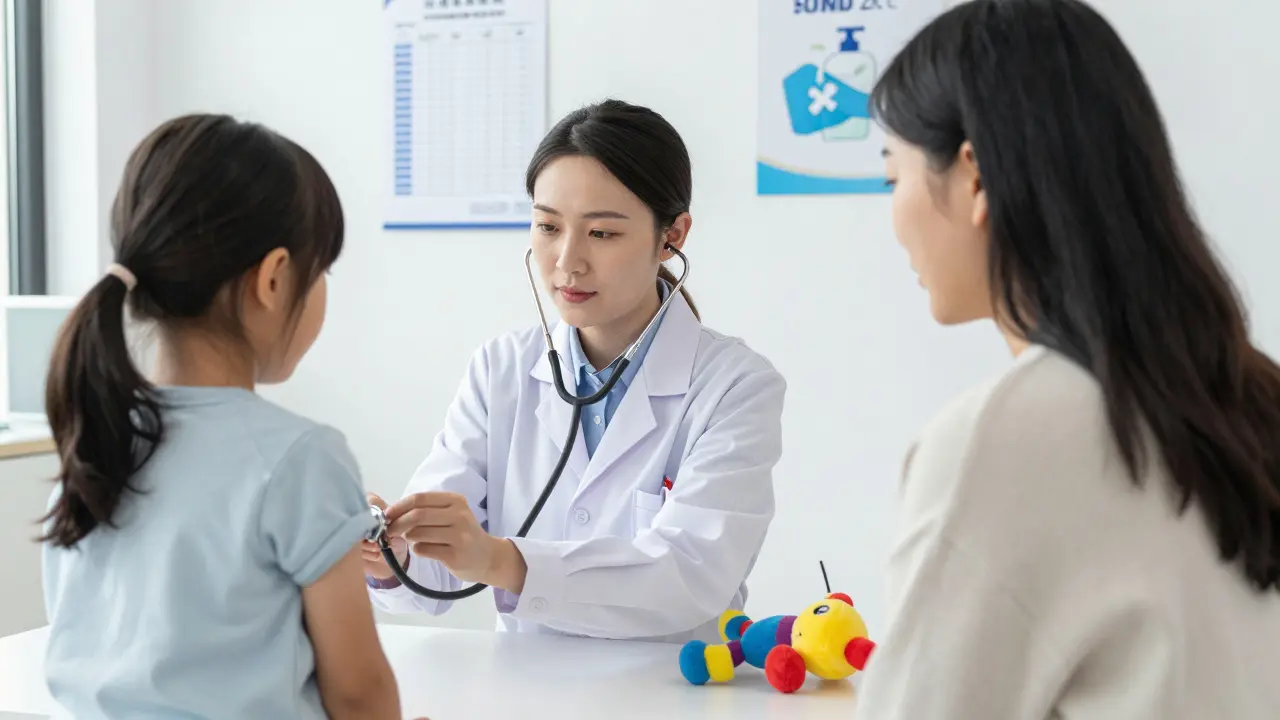 Doktor vyšetřuje dítě ve zdravotnickém zařízení s rodičem vedle.