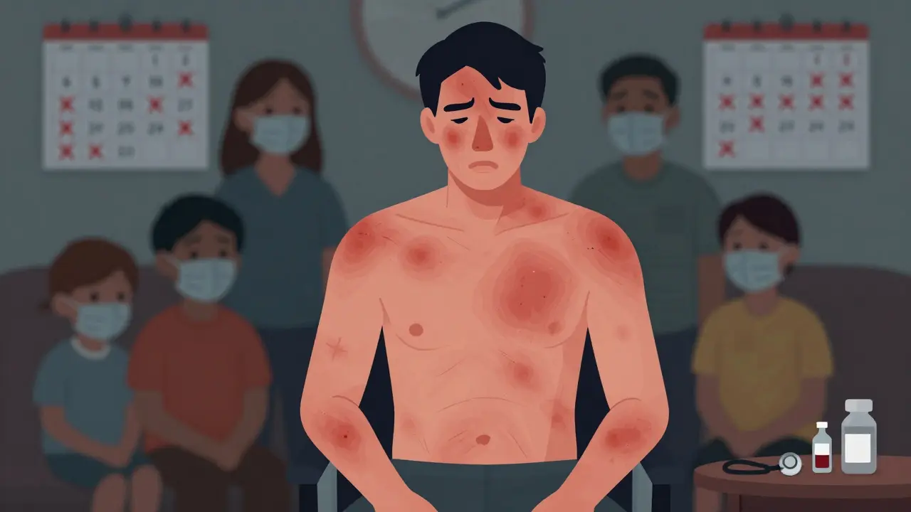 Dospělý s výrazným výrazem a rodina v maskách, symbolizující nakažlivost zarděnek.