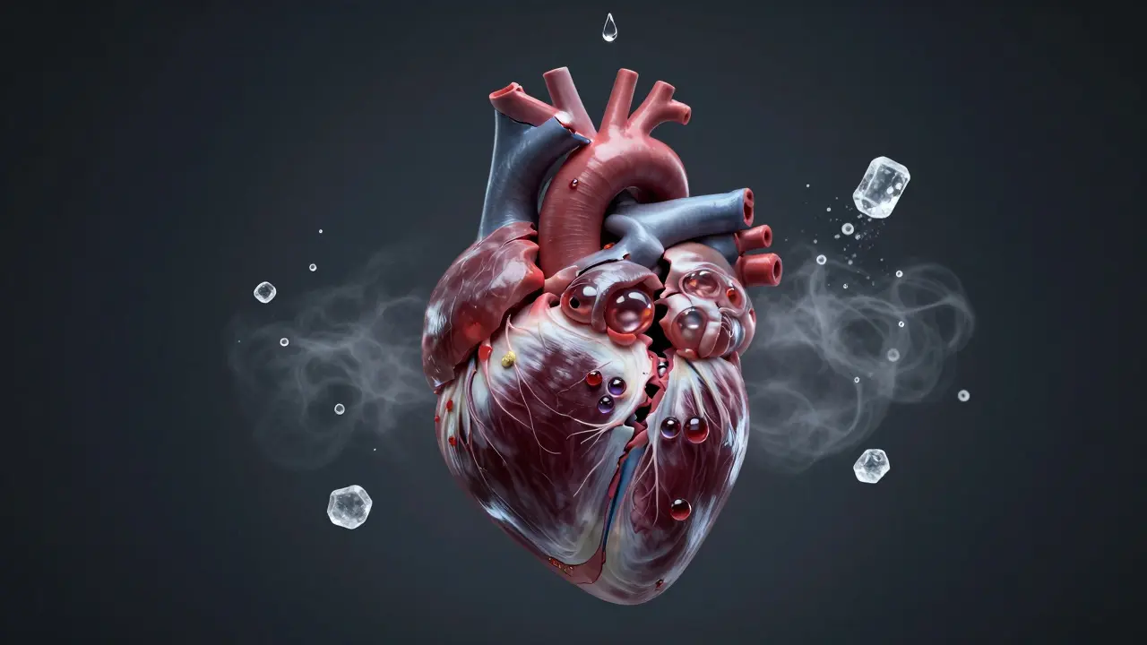 Fragilní srdce s rozpadajícími se svaly a přebytečným tukem, okolo něj se rozpadají elektrolyty.