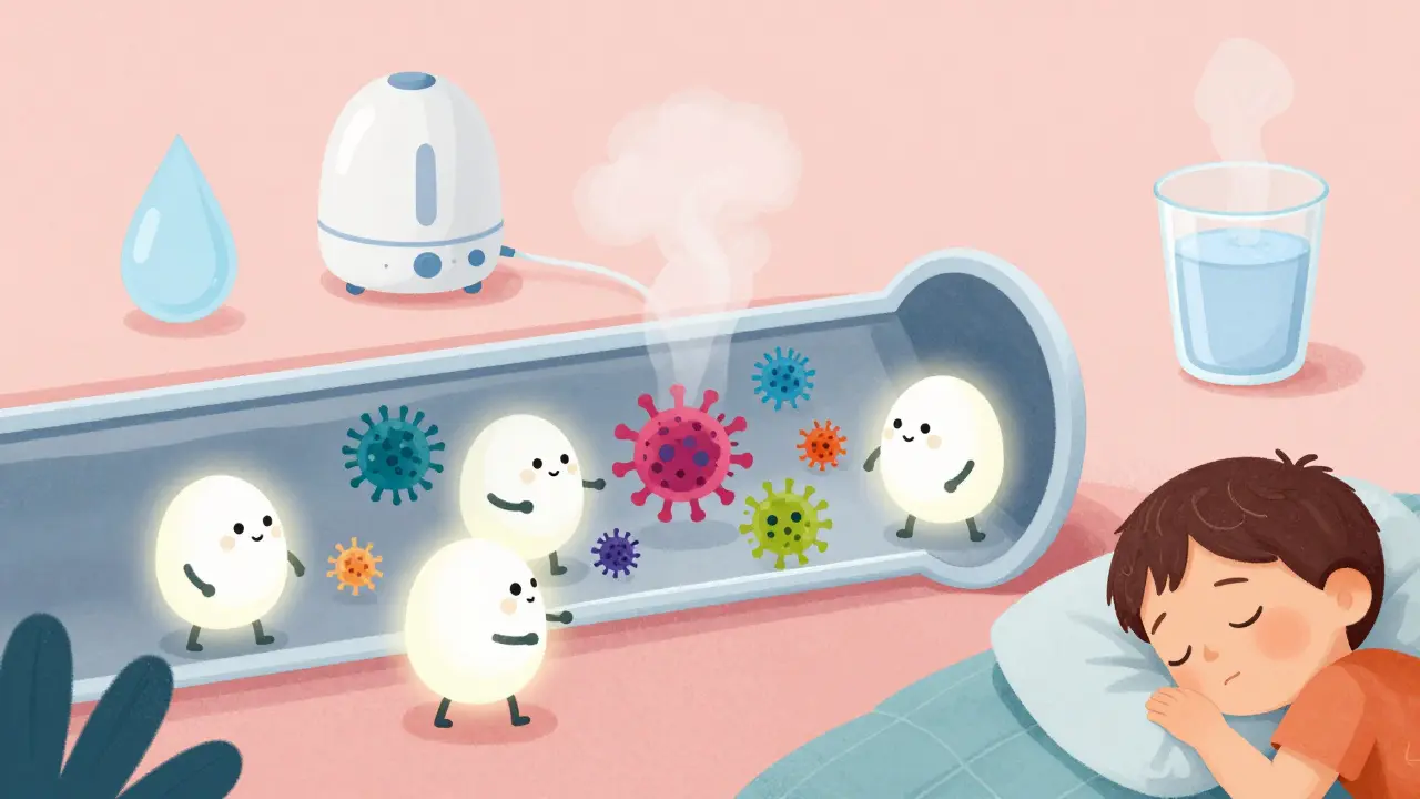 Koncepční obrázek imunitní reakce v nosu s symboly přírodní péče.