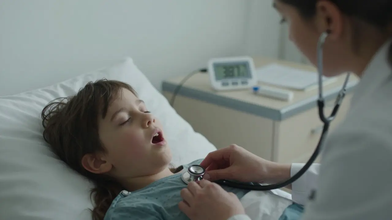 Lékař poslouchá dítě se stetoskopem, dítě dýchá rychle a v pozadí je teploměr s teplotou 38,7 °C.