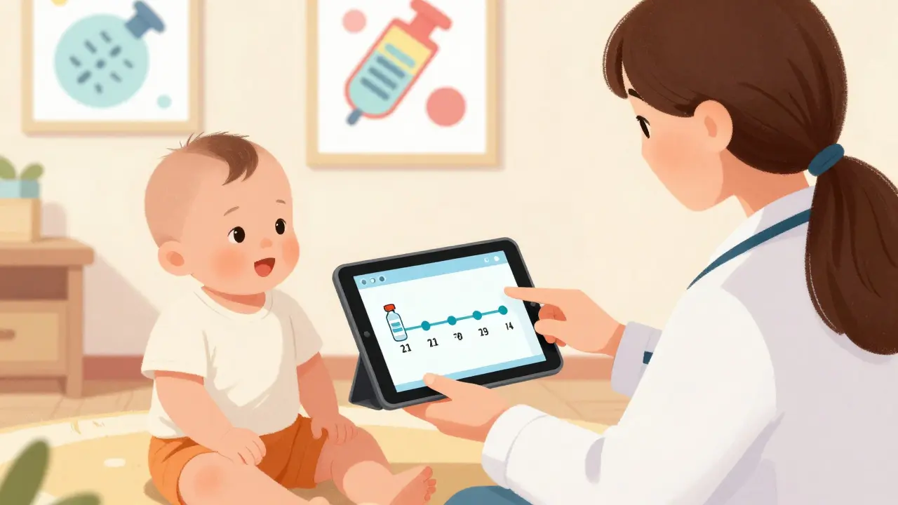 Lékař vysvětluje zpožděné očkování pro 12měsíční dítě