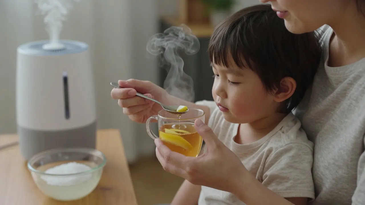 Maminka podává dítěti teplý čaj s medem a citrónem.