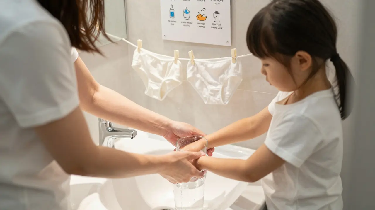 Matka pomáhá dceři umýt ruce, na pozadí voda a bavlněné kalhotky.