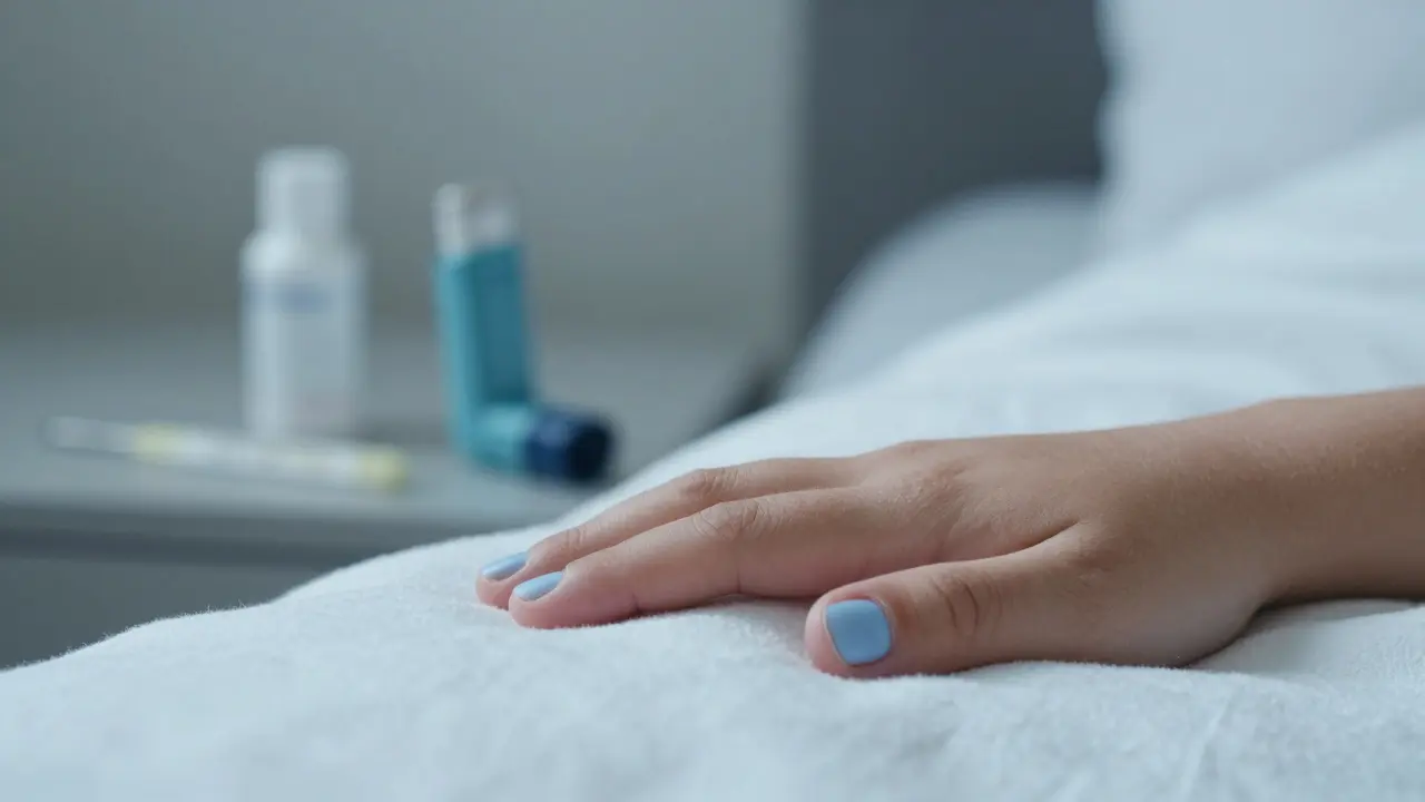 Modré nehty dítěte na bílé dekě vedle inhalátoru — známka nedostatku kyslíku.