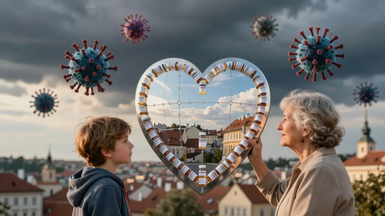 Ochranný štít tvaru srdce blokuje virové mraky mezi dítětem a starší osobou.