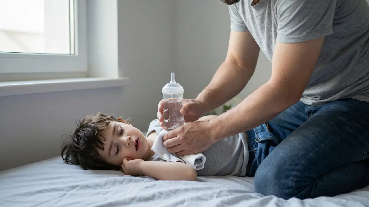 Otec podává dítěti vodu a drží mokrý ručník na krku, dítě se vyhýbá světlu.