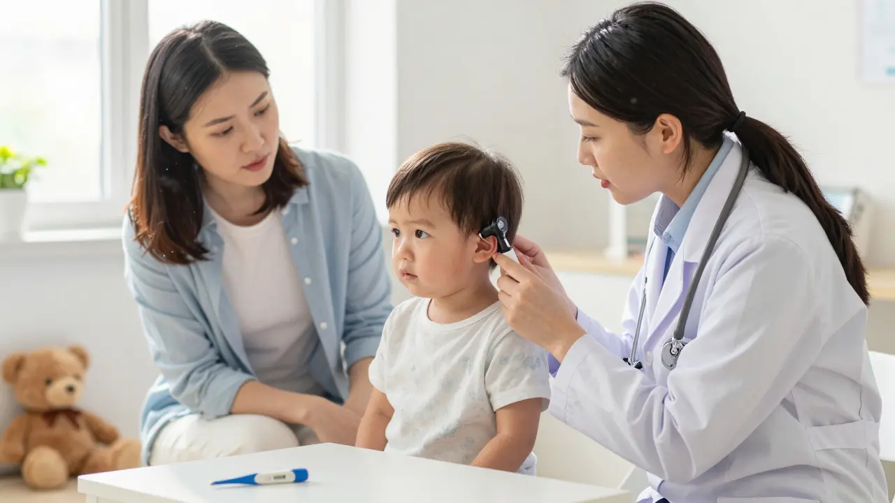 Pediatr vyšetřuje dítě v klinice, matka pozoruje s důvěrou.