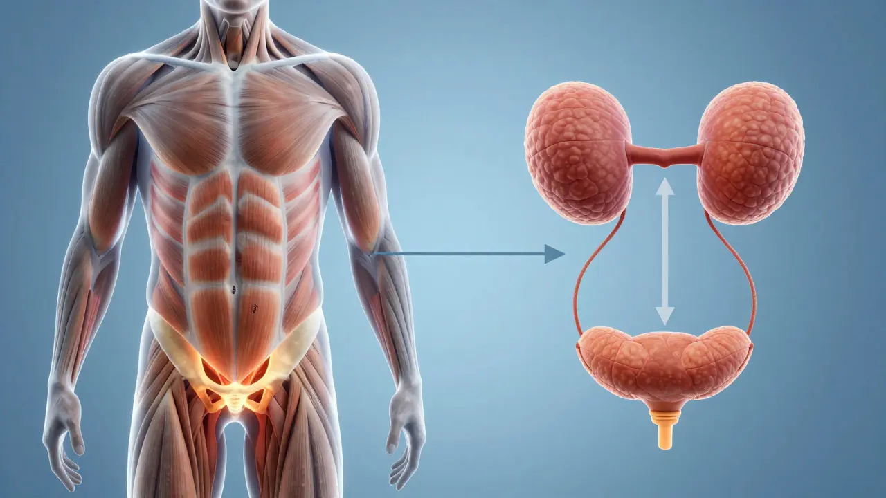 Průhledný mužský tělo s označenými svaly dna pánve a močovým měchýřem.