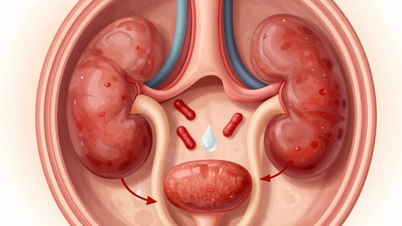 Průřez močových cest s bakteriemi a zánětem, symbolizující infekci a reflux.