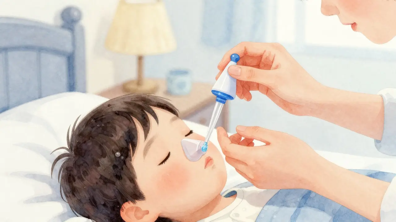 Rodič aplikuje solný roztok a aspirátor na nos dítěte.
