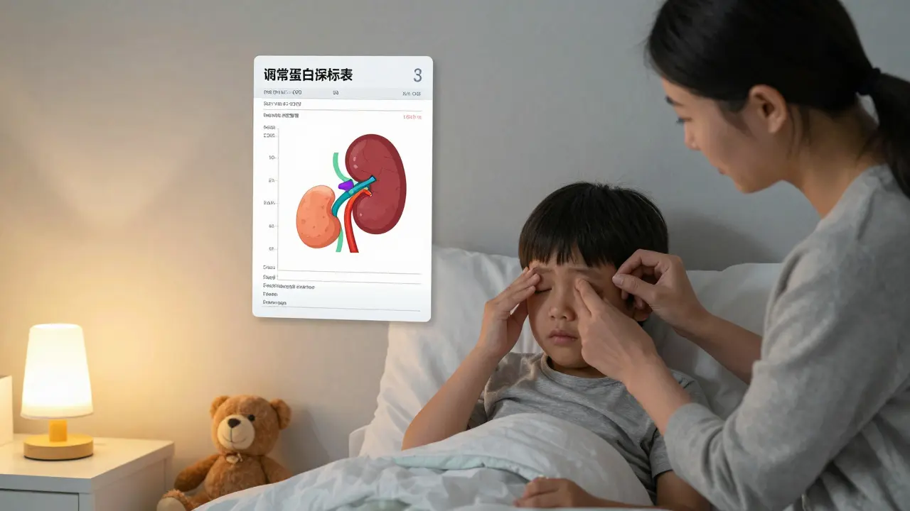 Rodič pečlivě kontrolyuje otoky kolem očí dítěte ráno, vedle nich se objevuje lékařský diagram.