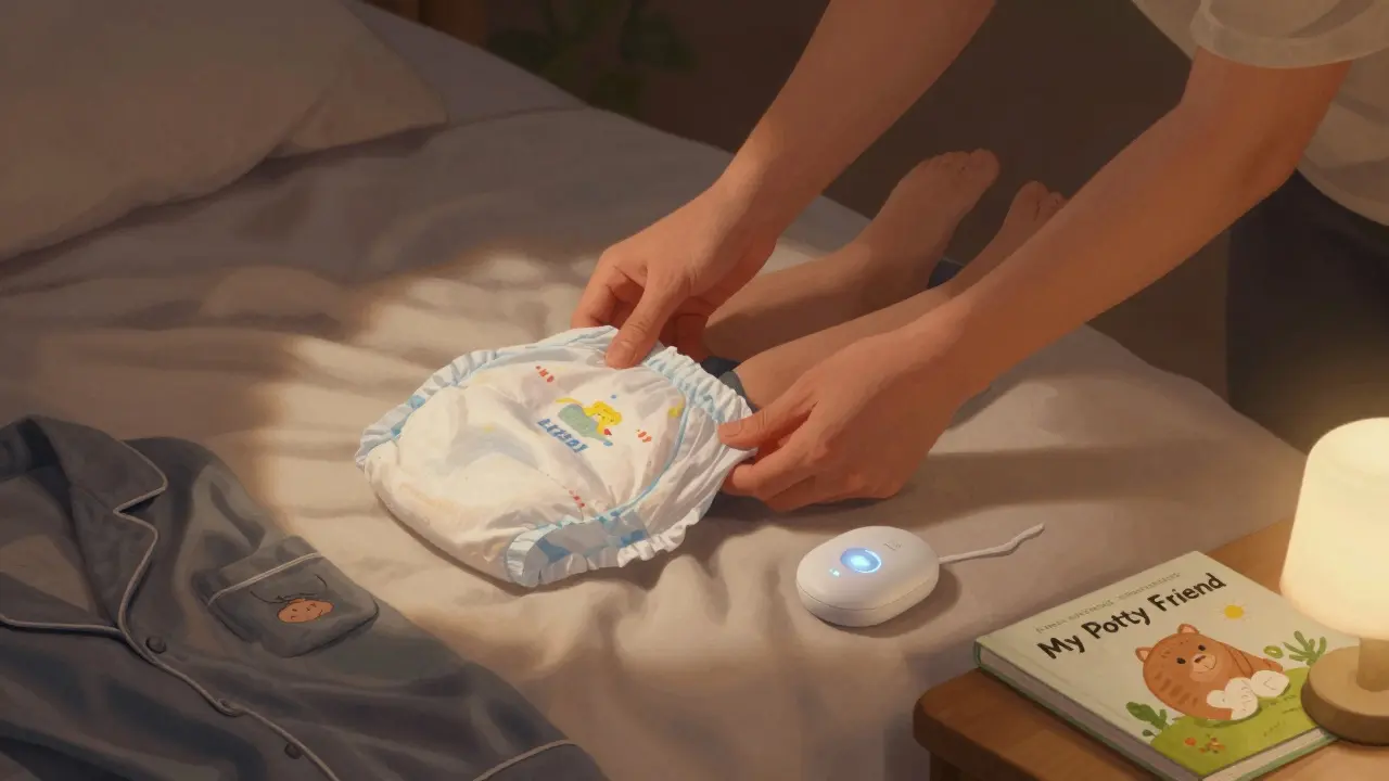 Rodič pokojně připravuje noční kalhoty a alarm pro dítě před spaním.