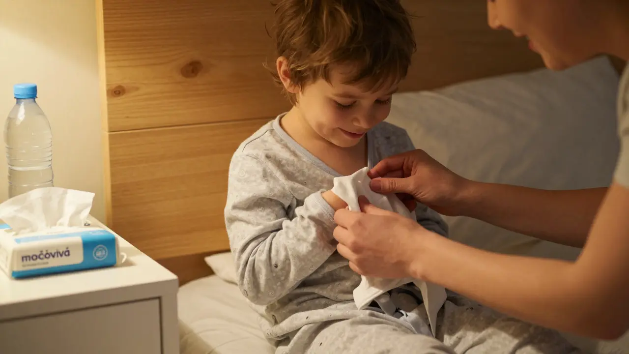 Rodič pomáhá dítěti změnit oblečení po nočním pomočení s láskou a klidem.