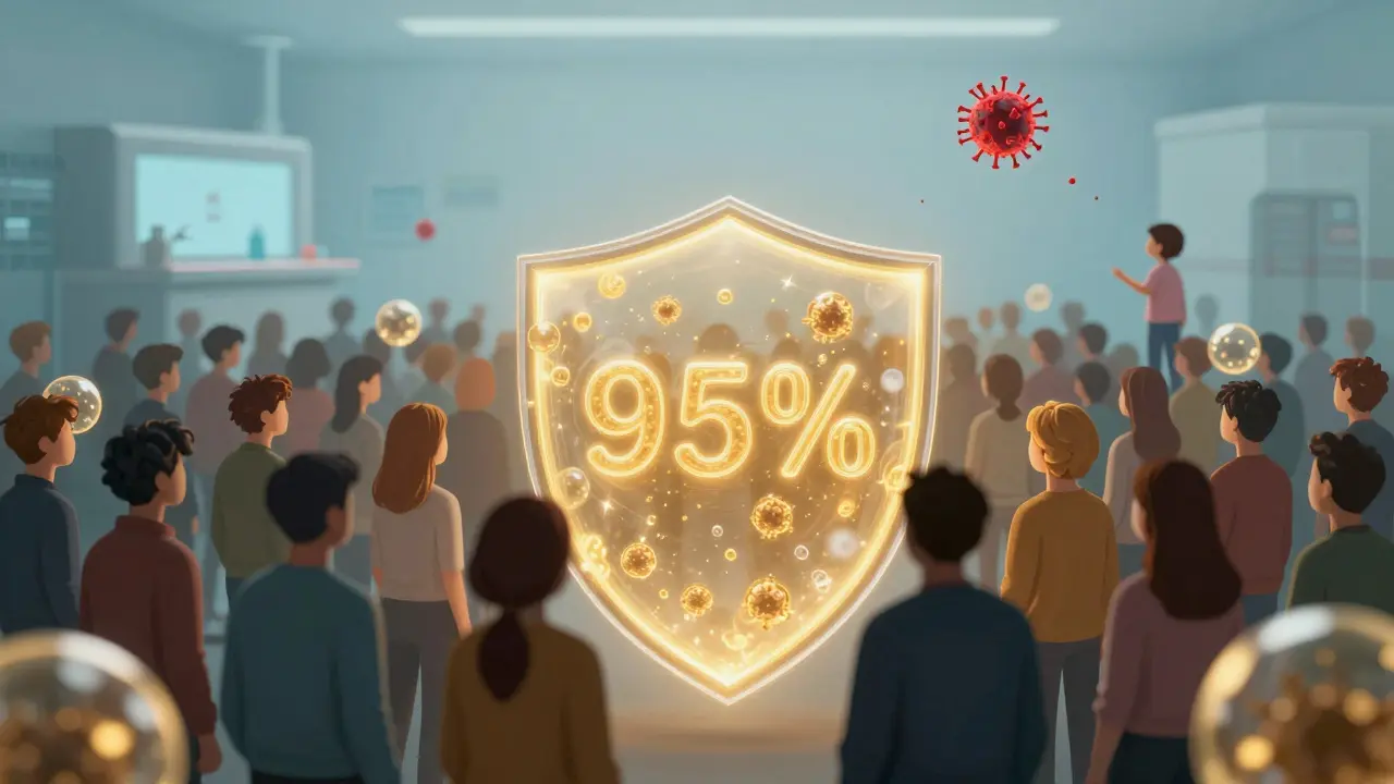 Skupina lidí s ochrannými bublinami, zatímco několik neovčkovaných osob je vystaveno riziku nákazy.