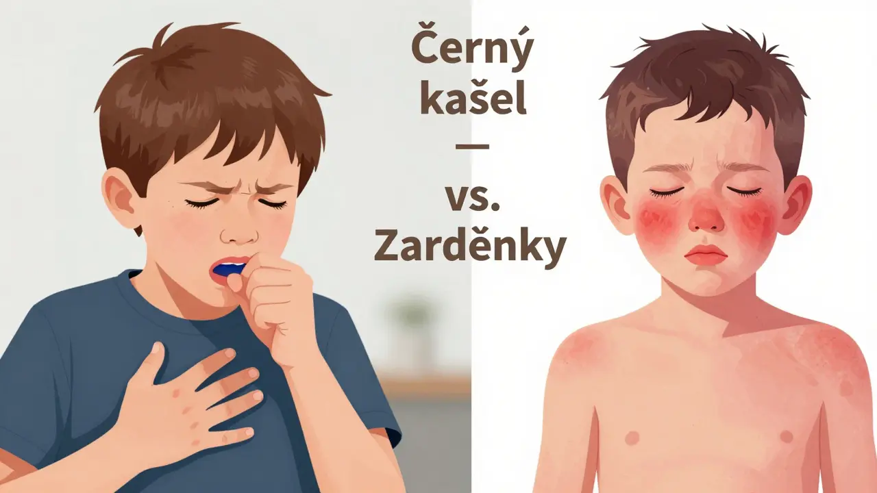 Srovnání příznaků černého kašle a zarděnek: jedno dítě bez vyrážky s kašlem, druhé s červenou vyrážkou a horečkou.
