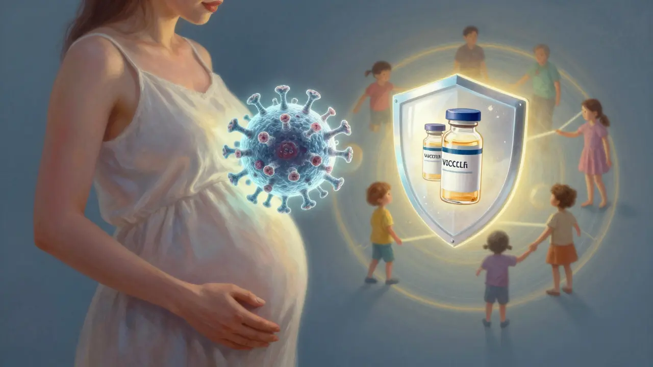 Těhotná žena s neviditelným virusem a očkovacími ampulky jako ochranou.