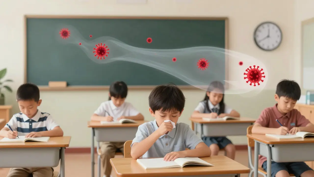 Třída s dětmi, kde virus ve vzduchu zůstává i po odchodu nakaženého dítěte, symbolizující přenos před výskytem vyrážky.