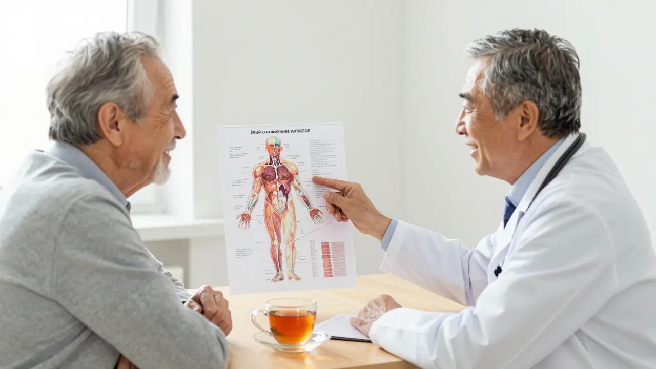 Urolog konzultuje s mužem v klinice, oba se usmívají, klidné prostředí.