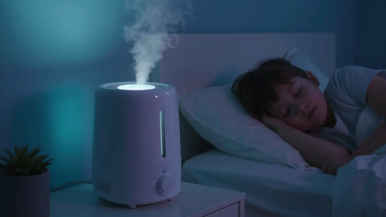 Vlhčovač vzduchu v dětské ložnici v noci s jemnou mlhou.