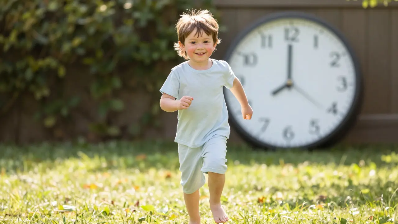 Zdravé dítě běží na dvorku s jemnou vyrážkou, znak uzdravení po 7 nemoci.