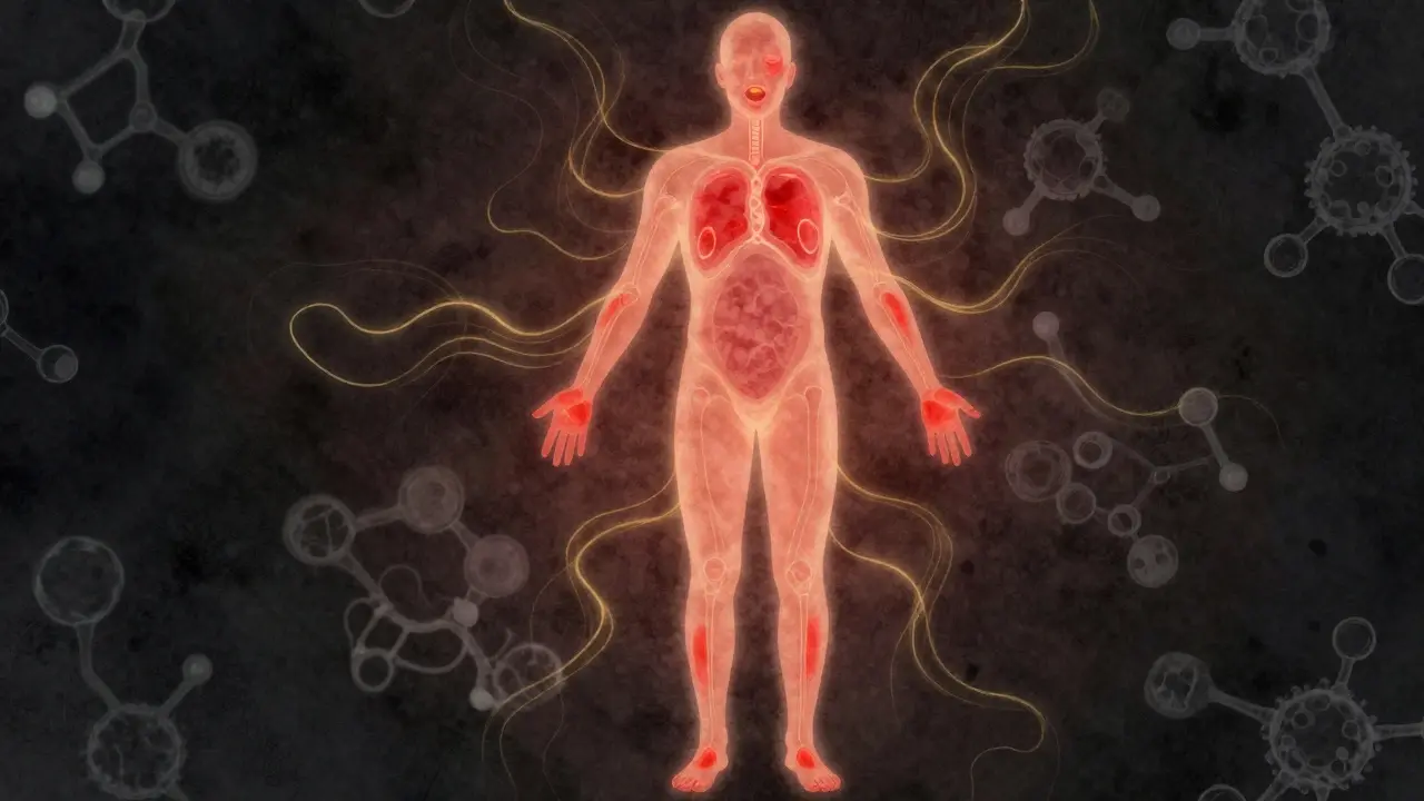 Abstraktní obrázek těla s vyrážkou na rukou, nohou a ústech a vlnami imunitní reakce po celém těle.