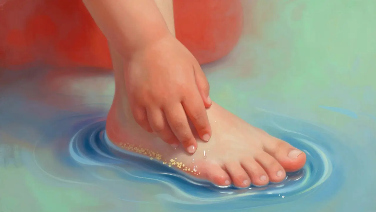 Abstraktní znázornění hojení pokožky: chladné vlny a koloidní oves mírně uklidňují vyrážku na ruce a nohou.