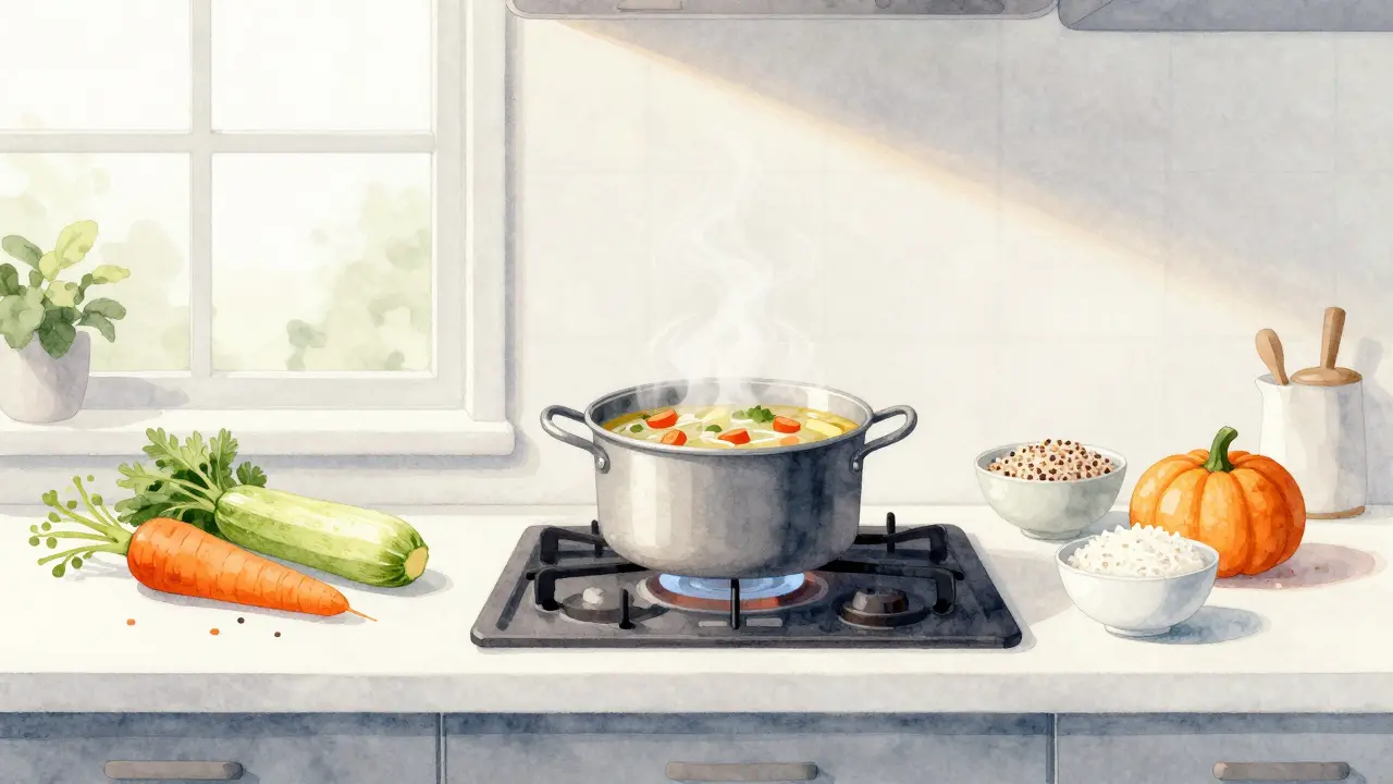 Čerstvé ingredience a polévka v čisté kuchyni pro citlivé trávení